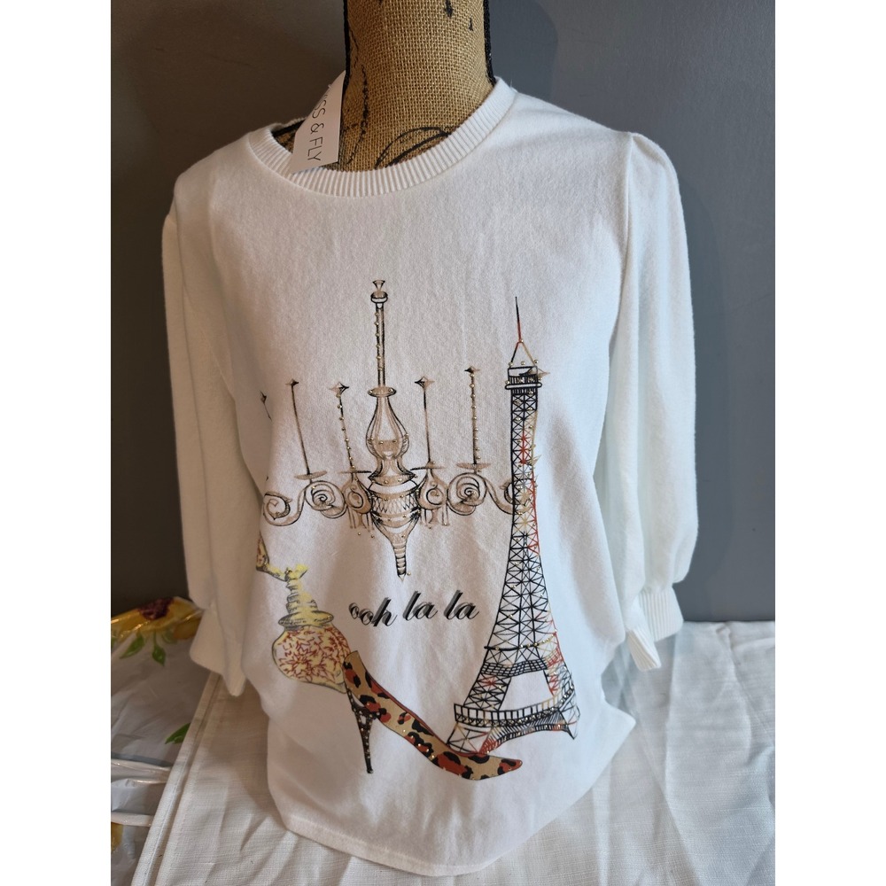 Kiss & Fly Paris Eiffel Tower Ooh La La Embellished Sweater White XL NWT